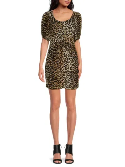 Ganni Ruched Leopard-print Stretch-mesh Mini Dress In Multicolor