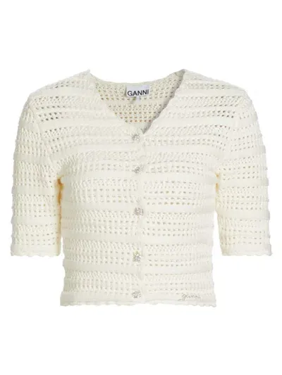 Ganni Pointelle-knit Organic-cotton Knitted Cardigan In Egret