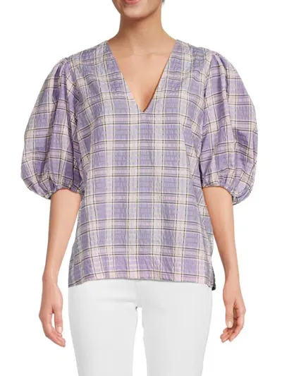 Ganni Checked Cotton-blend Seersucker Top In Blue Multi