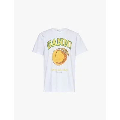 Ganni Womens Bright White Peach Graphic-print Organic-cotton T-shirt