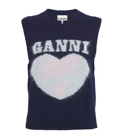 Ganni Wool-blend Logo Sweater Vest In Blue