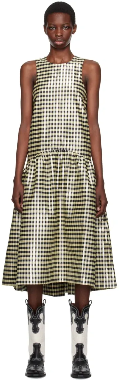 Ganni Yellow Shiny Gingham Midi Dress In 198 Lemon Icing