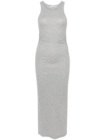 Ganni Fine-ribbed Midi Dress In Grey