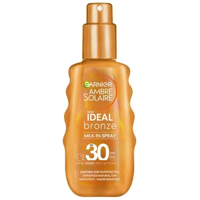 Garnier Ambre Solaire Ideal Bronze Milk-in Tanning Spray For Face And Body Spf30 150ml In White