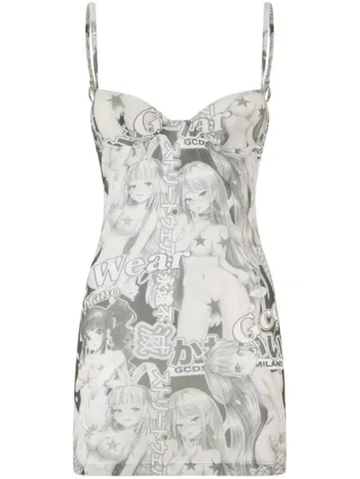 Gcds Hentai-print Embrodered Mini Dress In White