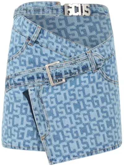 Gcds Monogram Denim Skirt In Blau