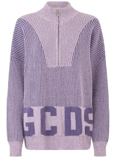 Gcds Ribbed Low Logo Half Zipper Sweater Clothing In Light Purple