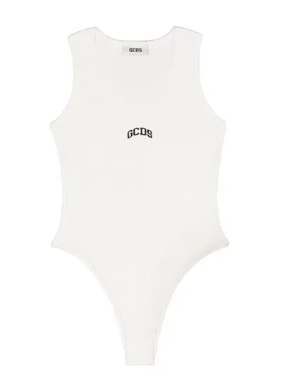 Gcds Sleeveless Bodysuit In Cotton With  Logo Print On The Front. In White