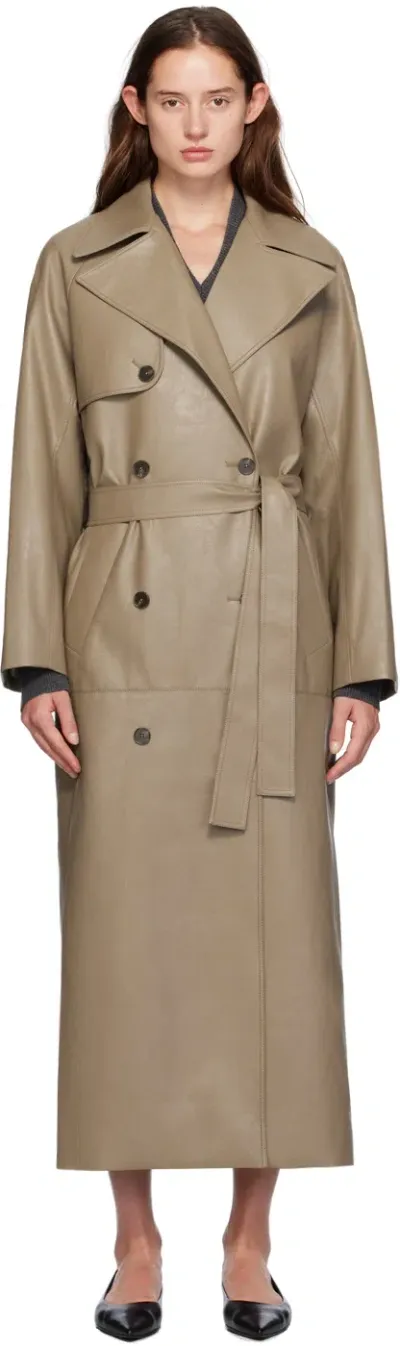 Gia Studios Beige Double-breasted Faux-leather Trench Coat