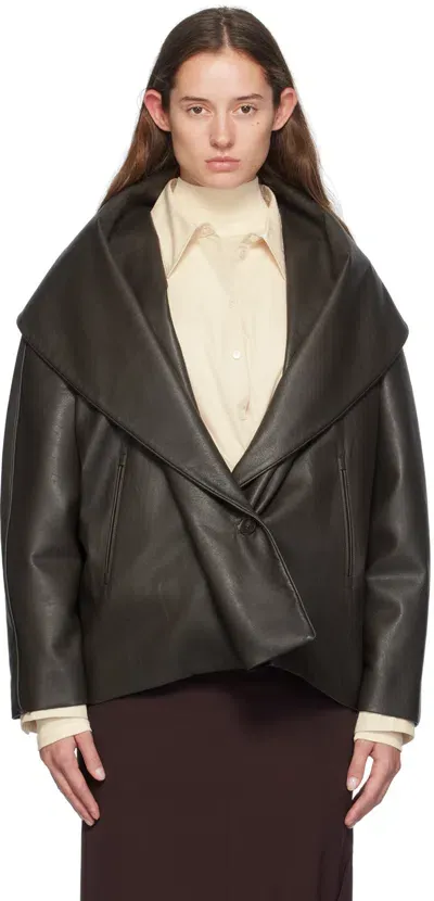 Gia Studios Brown Shawl Collar Faux-leather Jacket In Dark Brown