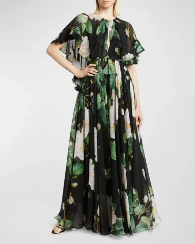 Giambattista Valli Cape-effect Pleated Ruffled Floral-print Silk-chiffon Gown In Multi