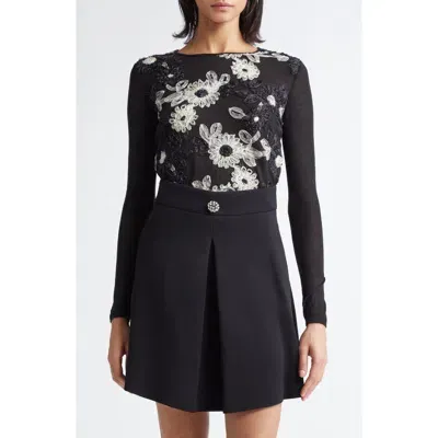 Giambattista Valli Floral Ribbon Embroidered Cashmere & Silk Sweater In Black/ivory