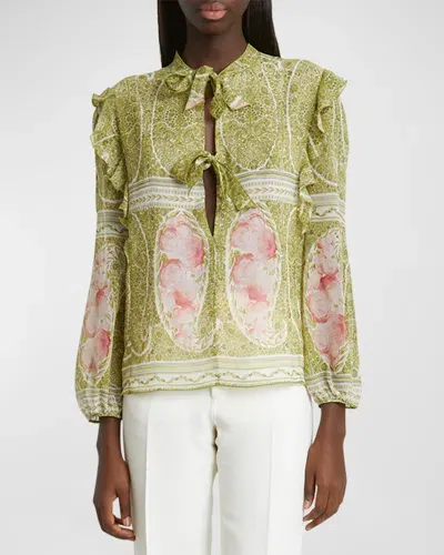 Giambattista Valli Paisley-print Ruffle Long-sleeve Silk Blouse In Green