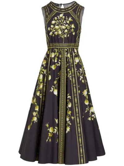 Giambattista Valli Printed Poplin Sleeveless Midi Dress In Black/green