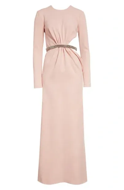 Giambattista Valli Rhinestone Belted Side Cutout Long Sleeve Dress In Quartz Rose