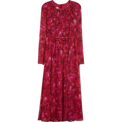 Giambattista Valli Rose Print Long Sleeve Silk Georgette Dress In Red/rose