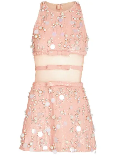 Giambattista Valli Sheer-paneled Pearl-embellished Mini Dress In Pink