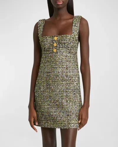 Giambattista Valli Square-neck Metallic Eyelash Tweed Sleeveless Mini Dress In Black