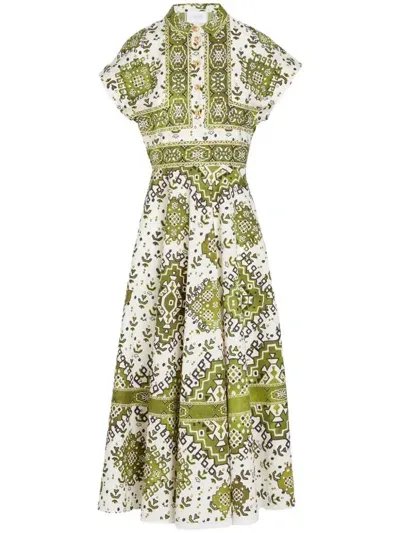 Giambattista Valli Tapisserie-print Cotton-poplin Midi Dress In White/green