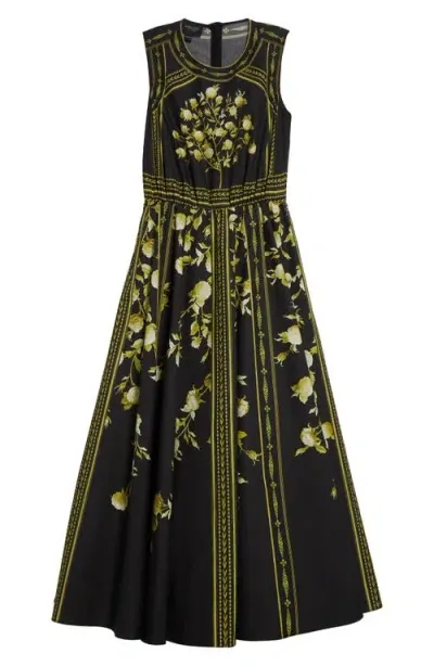 Giambattista Valli Wallpaper Floral Cotton Poplin Fit & Flare Midi Dress In Black/green