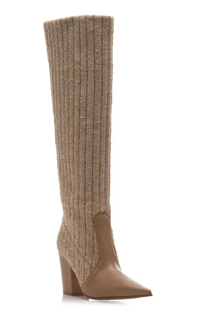 Gianvito Rossi Knit-paneled Leather Knee Boots In Tan