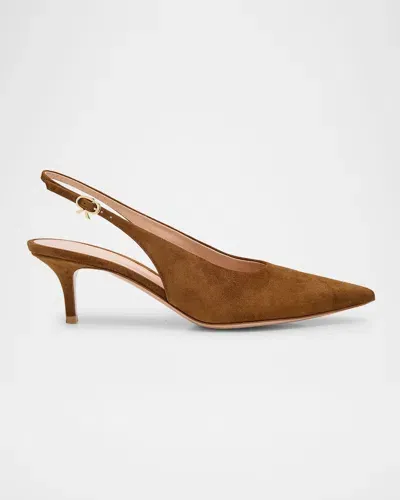 Gianvito Rossi Suede Kitten Slingback Pumps In Brown