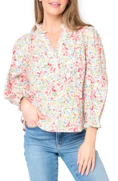 Gibsonlook Aria Floral Lantern Sleeve Poplin Top In Wild Bouquet