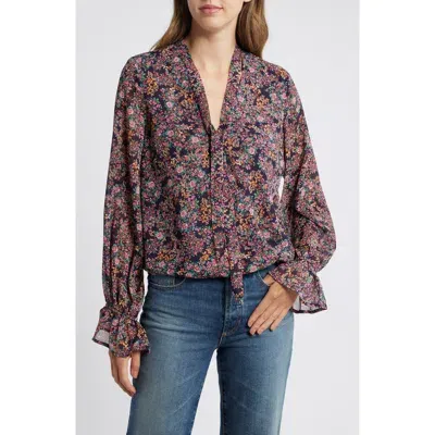 Gibsonlook Floral Print Tie Neck Top In Navy Multi Floral