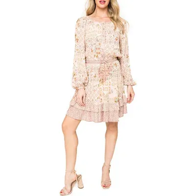 Gibsonlook Mixed Print Long Sleeve Dress In Blush Mauve Combo