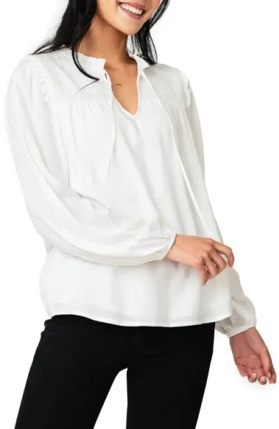 Gibsonlook Tie Neck Long Sleeve Smoked Yoke Blouse In Ivory