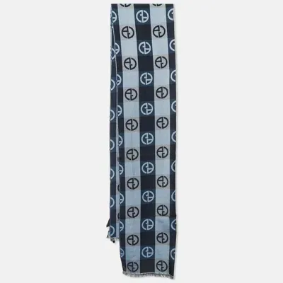 Pre-owned Giorgio Armani Blue Monogram Silk And Cotton Scarf