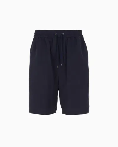 Giorgio Armani Flat Front Bermuda Shorts Made Of Lyocell Canvas And Cotton In Navy_blue