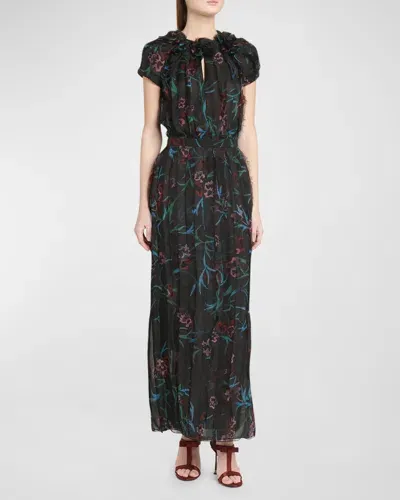 Giorgio Armani Floral Embroidered Organza Gown In Solid Black