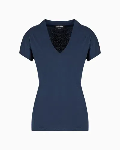 Giorgio Armani Jersey V-neck Top In Navy Blue