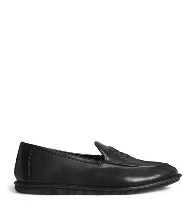 Giorgio Armani Leather Logo- Embroidered Loafers In Black