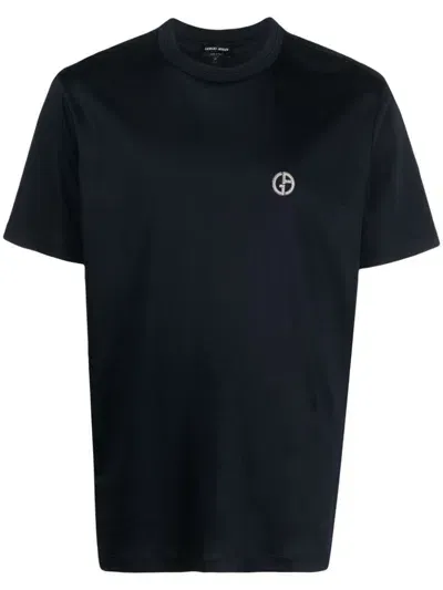 Giorgio Armani Official Store Pure Cotton Interlock T-shirt With Embroidered Logo In Navy Blue