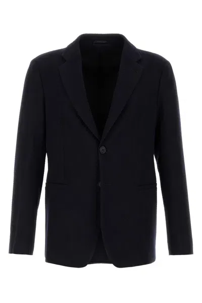 Giorgio Armani Navy Blue Stretch Wool Blazer In Black