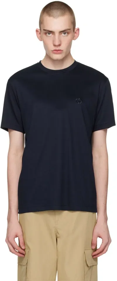 Giorgio Armani Navy Embroidered T-shirt In Blue