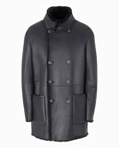 Giorgio Armani Reversible, Double-breasted Sheepskin Pea Coat In Black