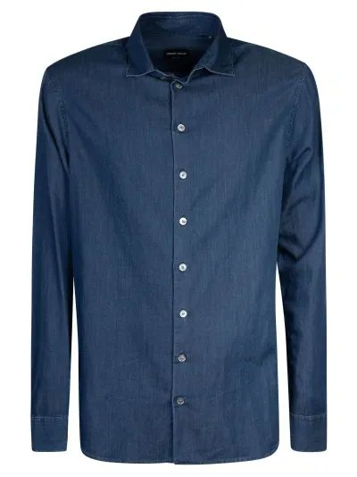 Giorgio Armani Round Hem Plain Shirt In Blue Denim