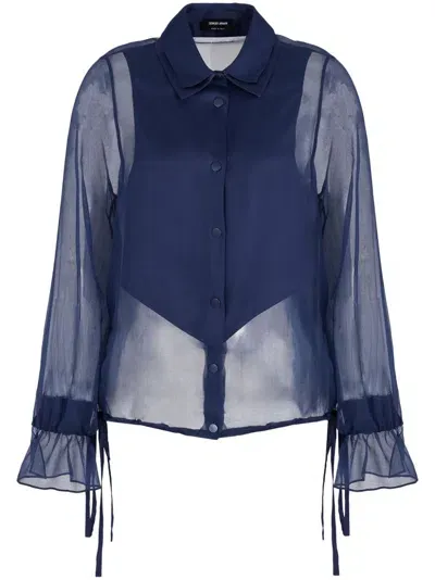 Giorgio Armani Semi-sheer Long-sleeve Silk Top In Blue