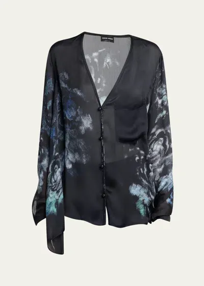 Giorgio Armani Official Store Silk-charmeuse, Floral-print Shirt In Fantaisie