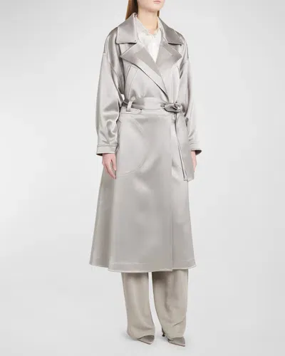 Giorgio Armani Official Store Technical Duchess Satin Trench Coat In Light Gray