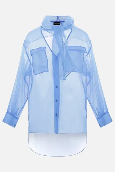 Giorgio Armani Sheer V-neck Silk Top In Blue