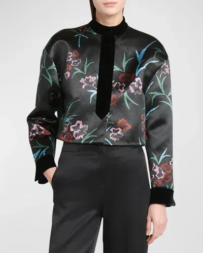 Giorgio Armani Official Store Short Jacket In A Floral-print Silk And Linen In Fantaisie