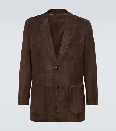 Giorgio Armani Suede Blazer In Solid Medium Brown