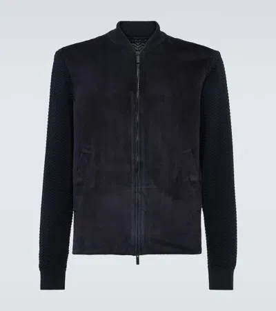 Giorgio Armani Suede, Wool, And Cashmere Bomber Jacket In Blau