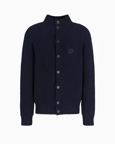 Giorgio Armani Virgin Wool And Cashmere Blouson In A Half Fisherman's Rib Knit In Blue