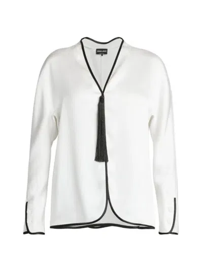 Giorgio Armani Tassel Silk Blouse With Contrast Tipping In White