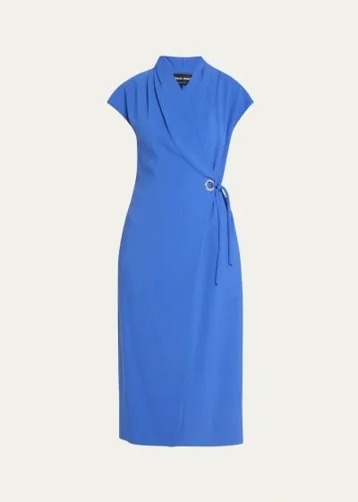 Giorgio Armani Wrap Midi Dress With Tie Detail In Deep Blue